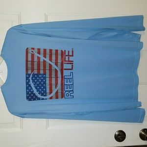 EUC Men's Reel Life L/S Tshirt Lightweight Lt Blue w/flag on back Size M